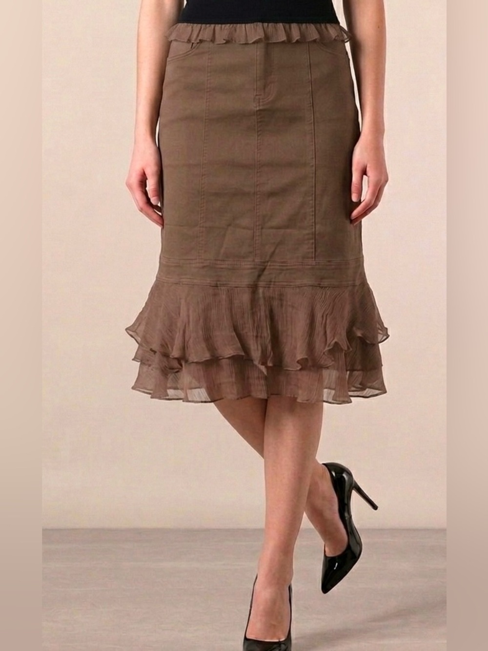 Vintage Oscar Leopold Brown Tiered Silk Ruffle Midi Skirt - NWOT